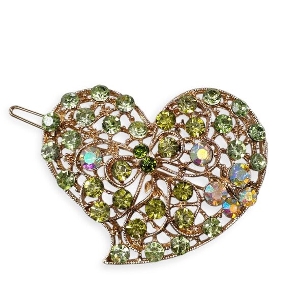 VTG Green Rhinestone Heart Filigree Barrett Aurora Borealis Crystal Hair Jewelry - Picture 1 of 3